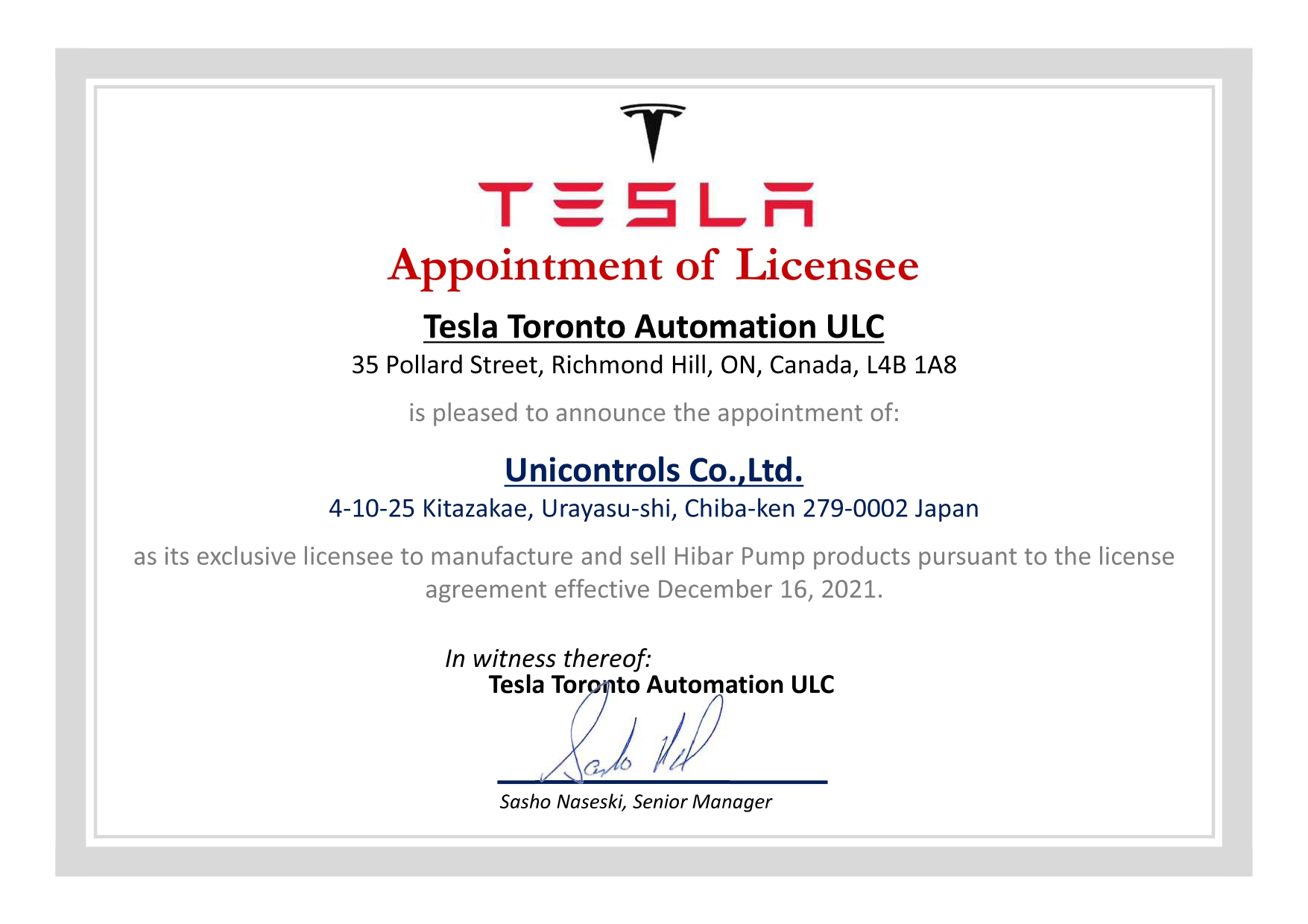 TTA ULC License Certificate